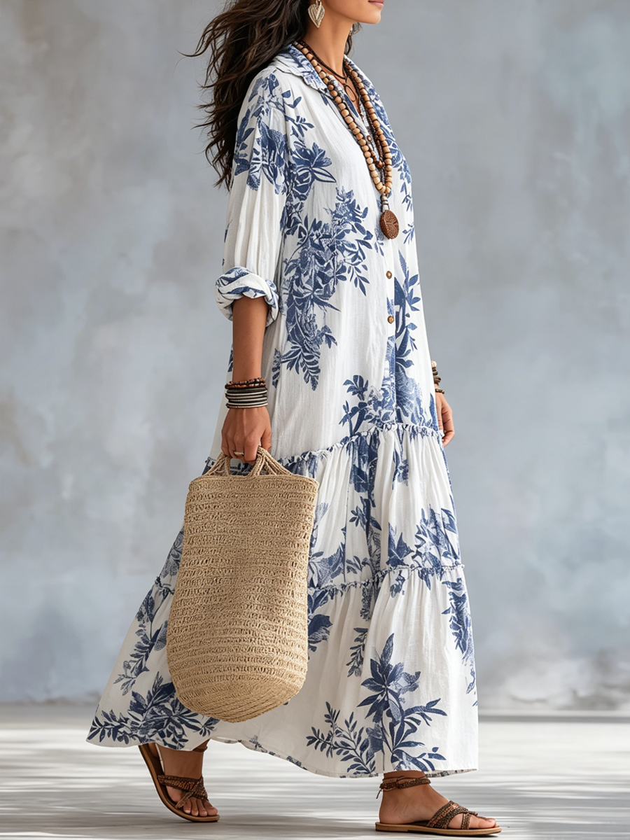 Adriana – vestido largo boho de flores azules