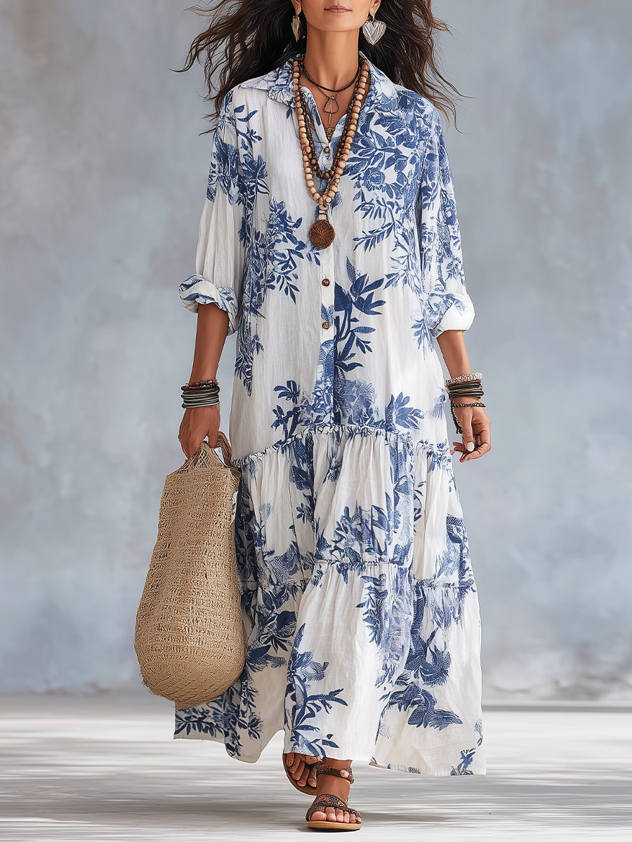 Adriana – vestido largo boho de flores azules