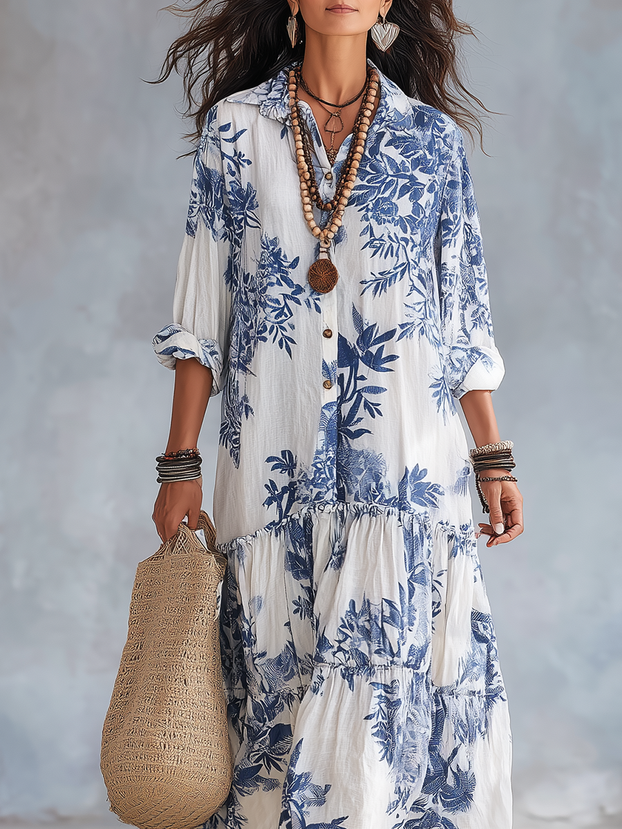 Adriana – vestido largo boho de flores azules