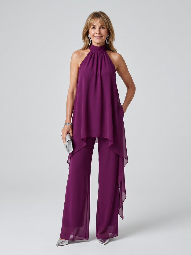 Berta – conjunto de túnica halter asimétrica y pantalón ancho