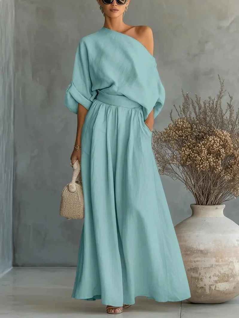 Luisa – conjunto de lino de blusa hombros descubiertos y pantalón