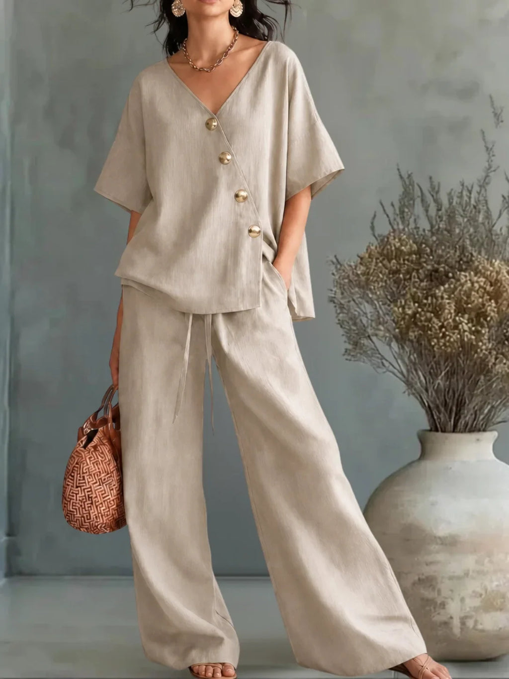 Graciela – conjunto de blusa con escote en v y pantalón palazzo