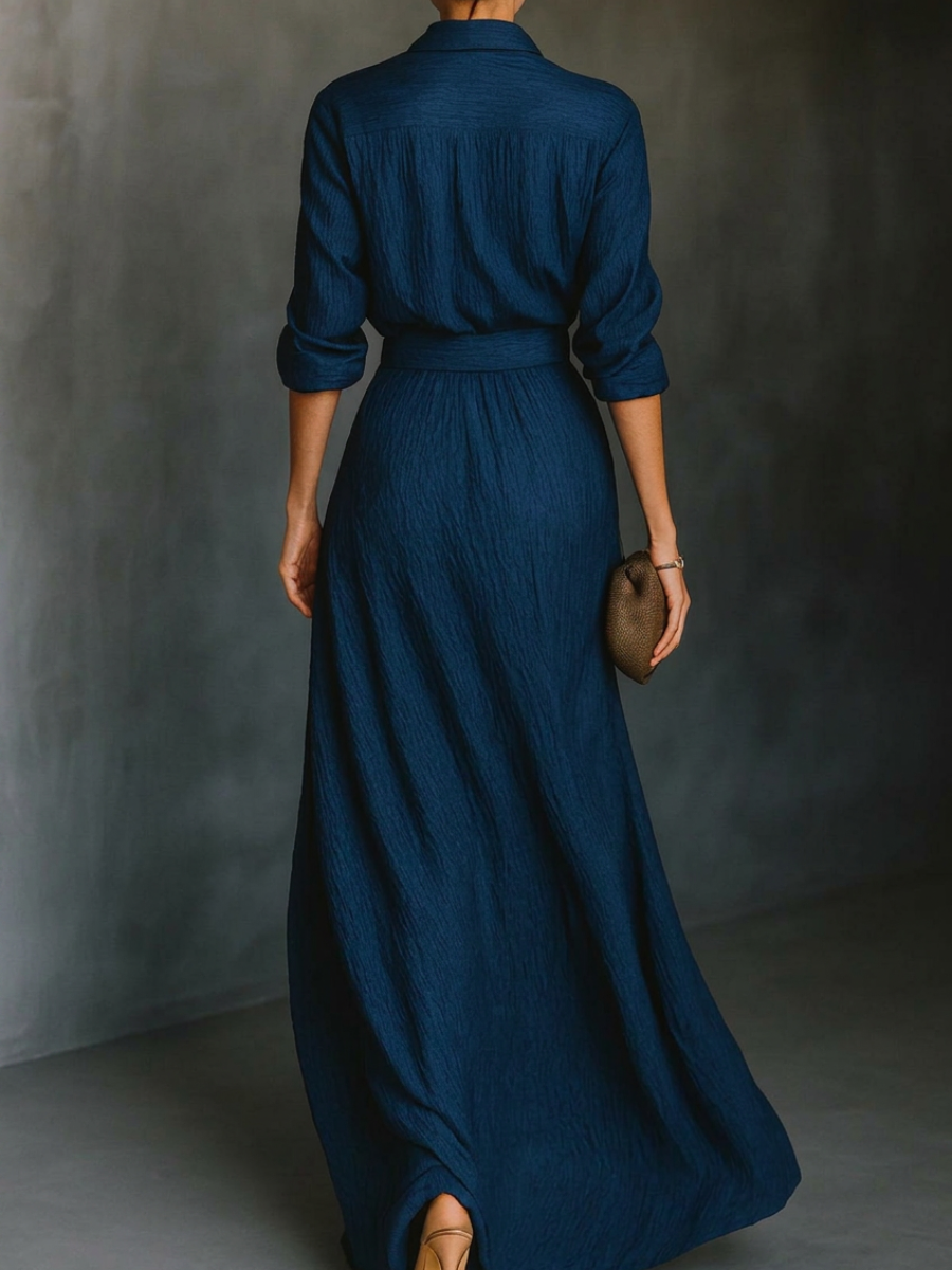 Marta – conjunto de camisa y falda larga plisada azul marino