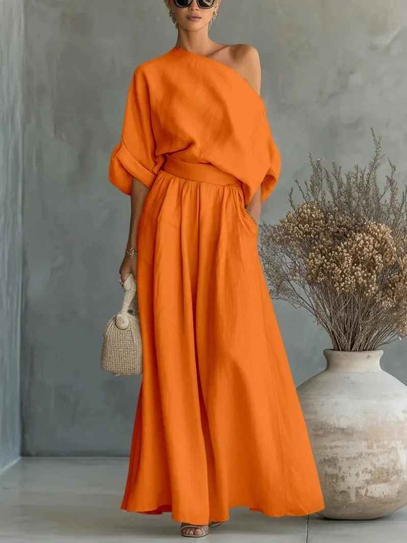 Luisa – conjunto de lino de blusa hombros descubiertos y pantalón