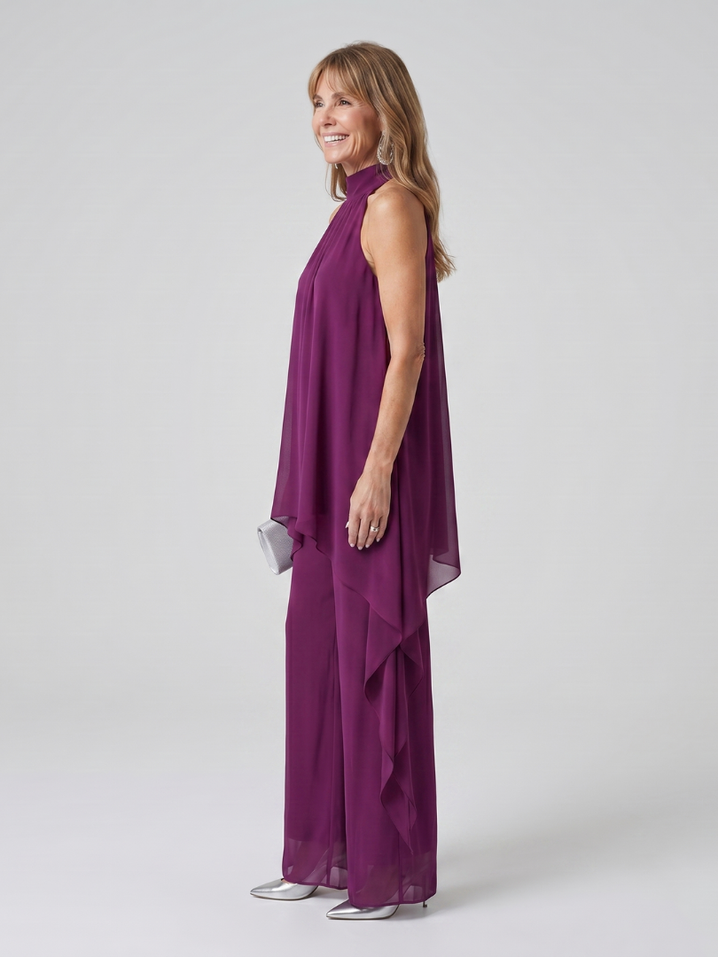 Berta – conjunto de túnica halter asimétrica y pantalón ancho