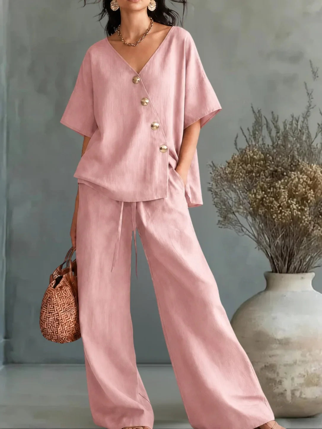 Graciela – conjunto de blusa con escote en v y pantalón palazzo