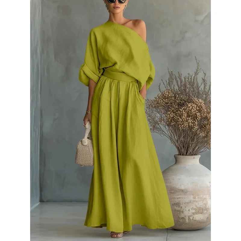 Luisa – conjunto de lino de blusa hombros descubiertos y pantalón