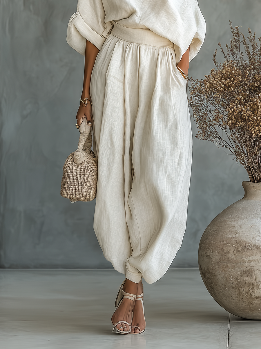 Luisa – conjunto de lino de blusa hombros descubiertos y pantalón