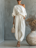 Luisa – conjunto de lino de blusa hombros descubiertos y pantalón