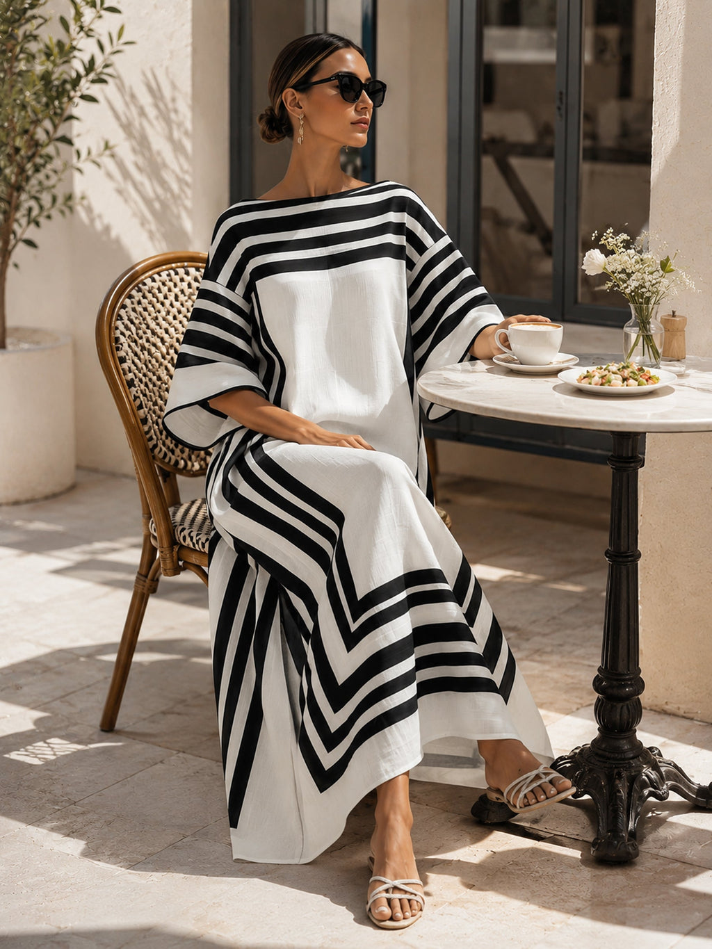 Maddalena – kaftán maxi de rayas blanco y negro