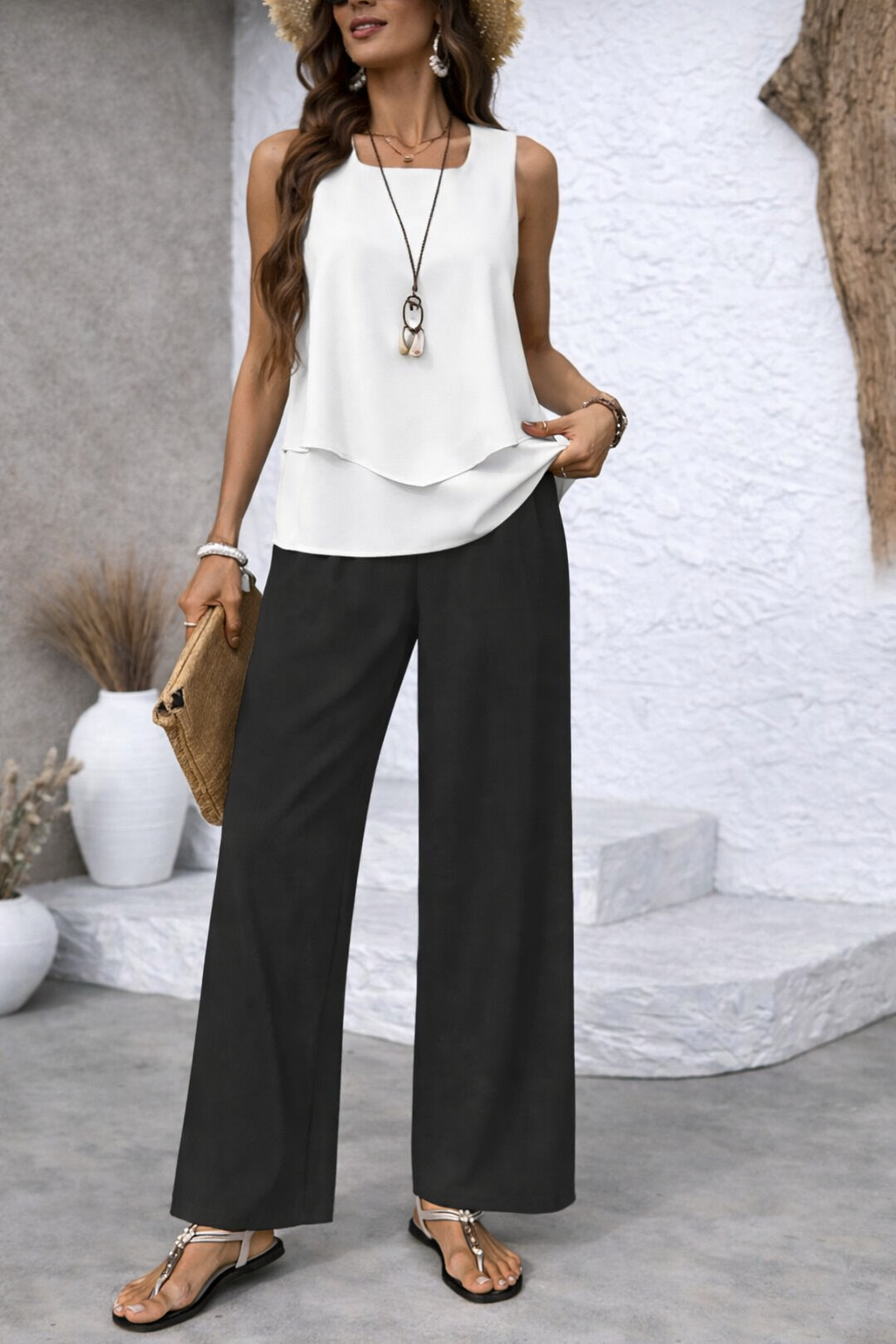 Elisa – conjunto blanco y negro de top en capas y pantalón ancho