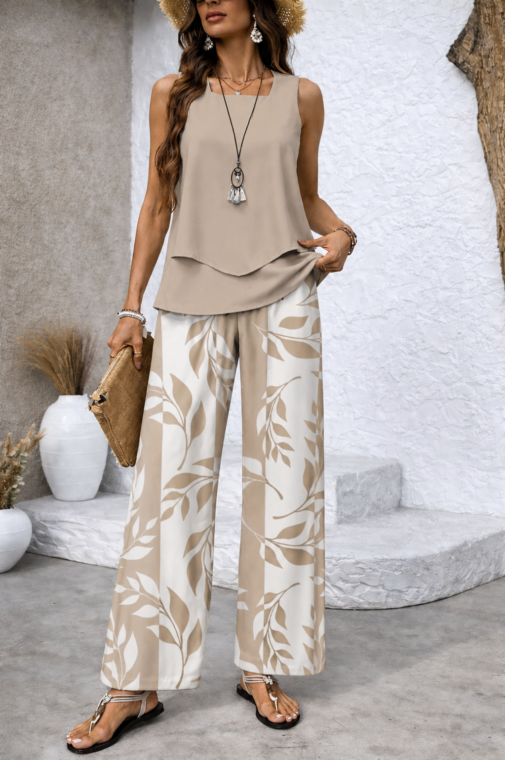 Sofía – conjunto de top y pantalón de hojas en tonos neutros