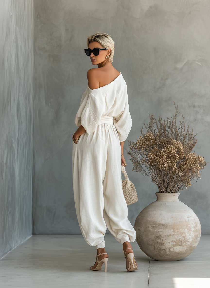 Luisa – conjunto de lino de blusa hombros descubiertos y pantalón