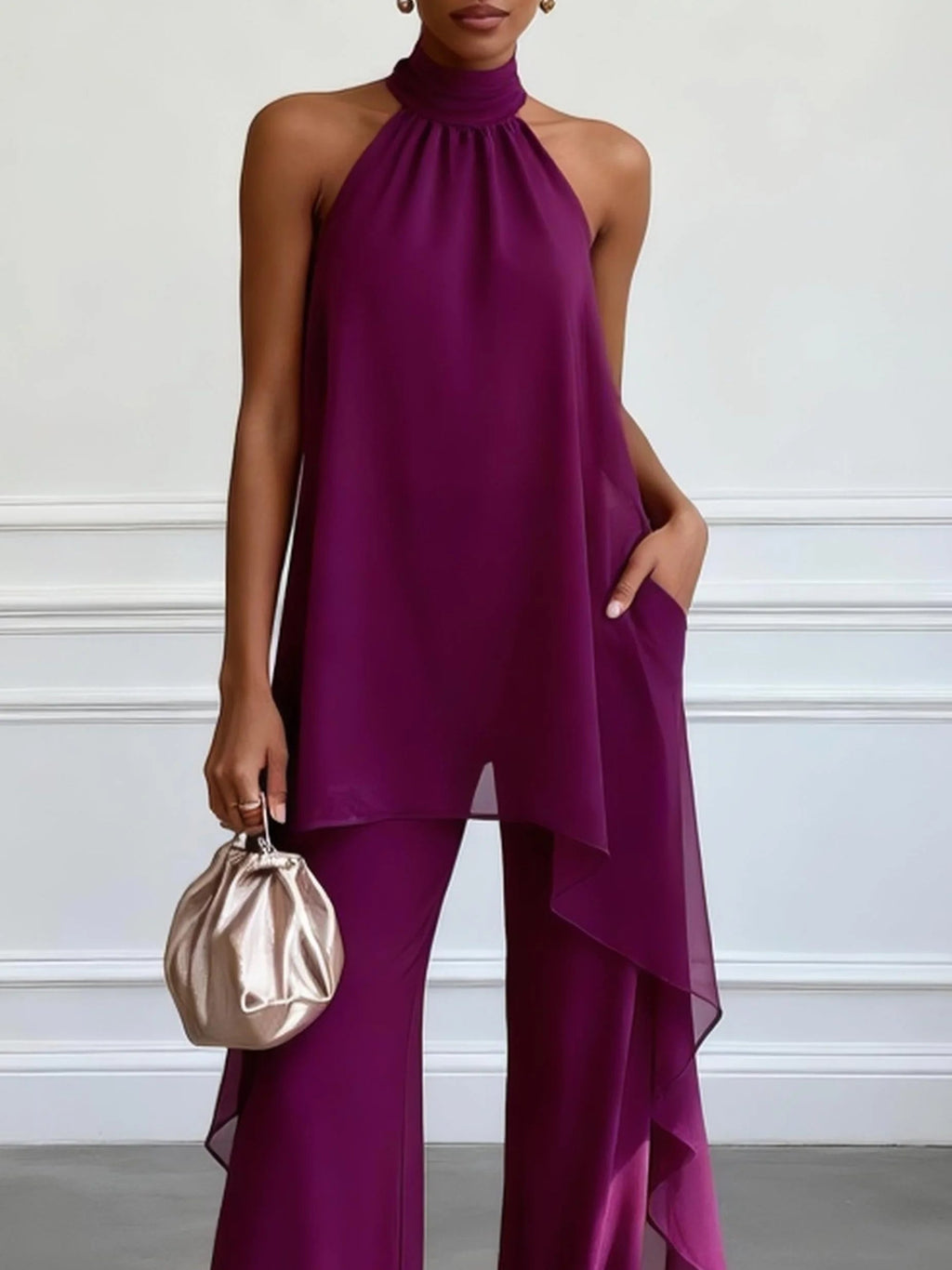Paula – conjunto elegante de top halter y pantalón morado