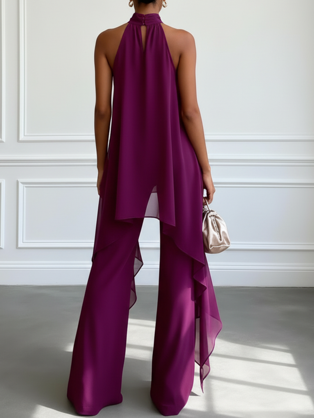 Paula – conjunto elegante de top halter y pantalón morado