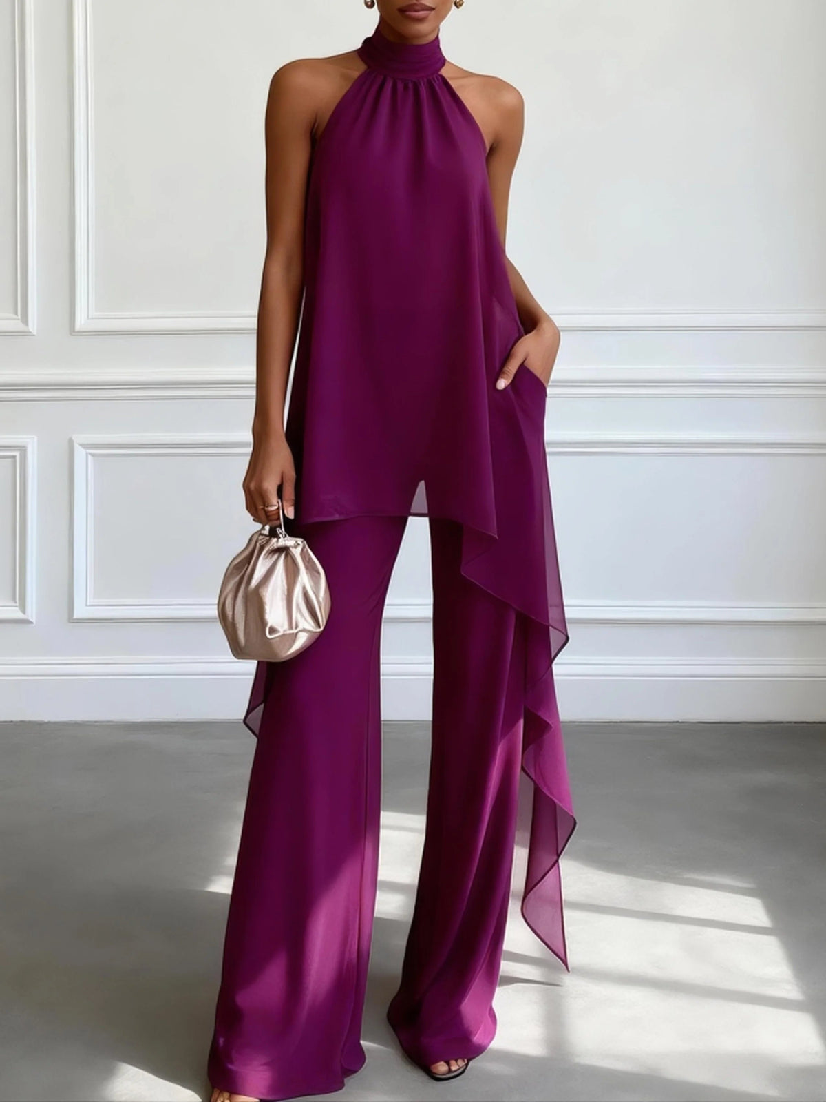 Paula – conjunto elegante de top halter y pantalón morado