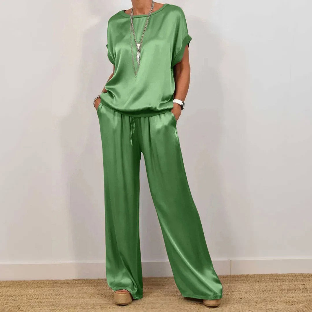Rebeca – conjunto de satén de blusa y pantalón ancho