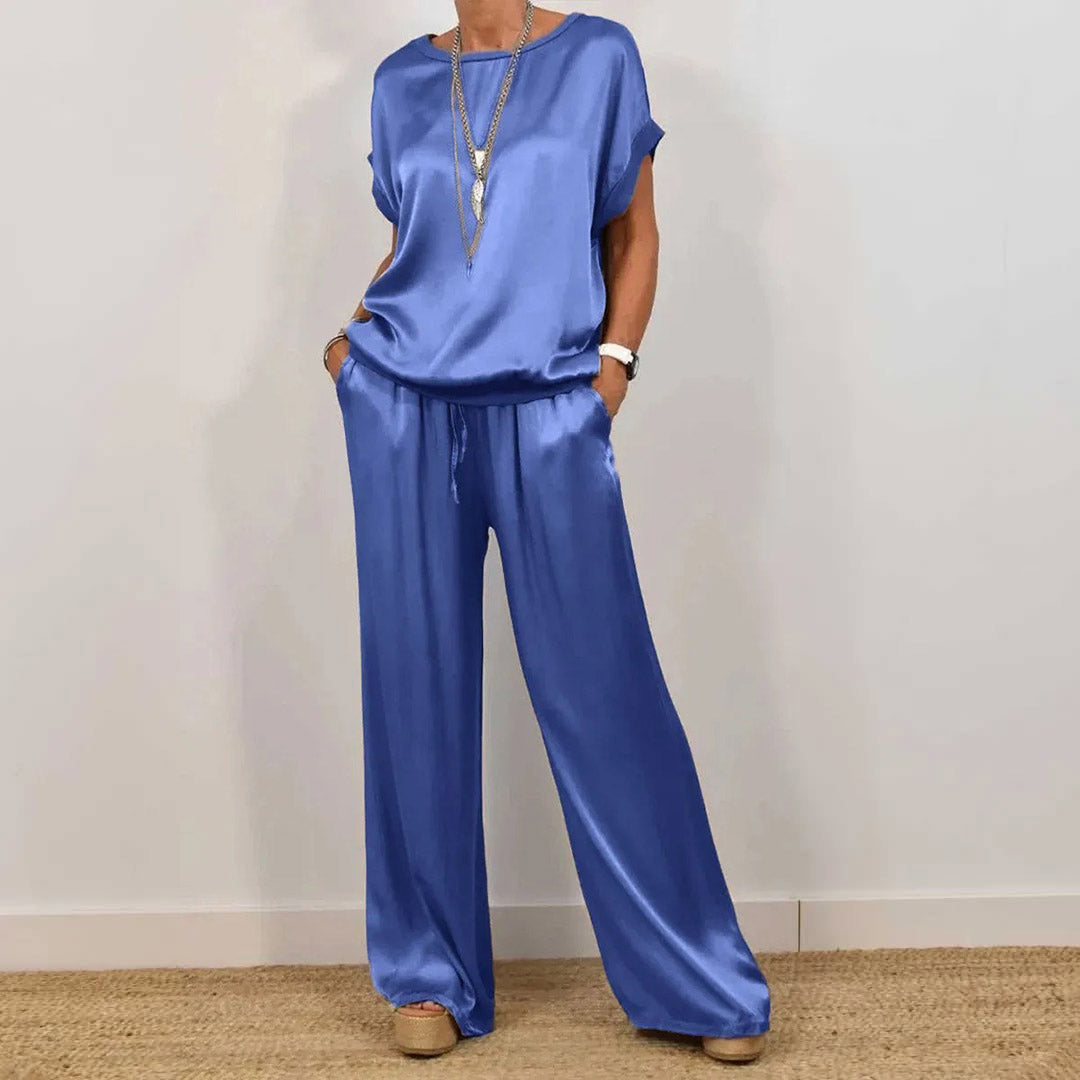 Rebeca – conjunto de satén de blusa y pantalón ancho