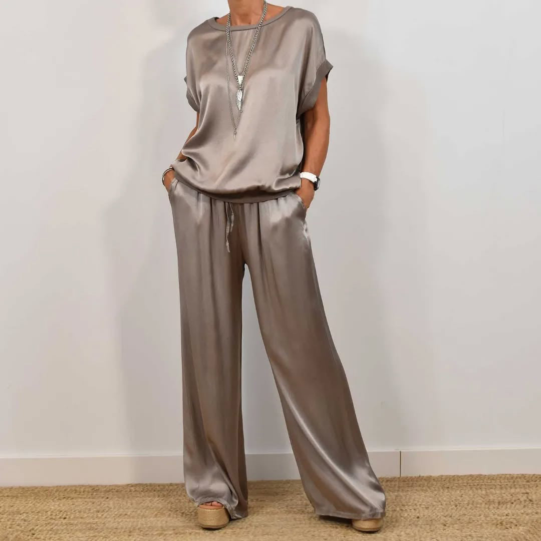 Rebeca – conjunto de satén de blusa y pantalón ancho