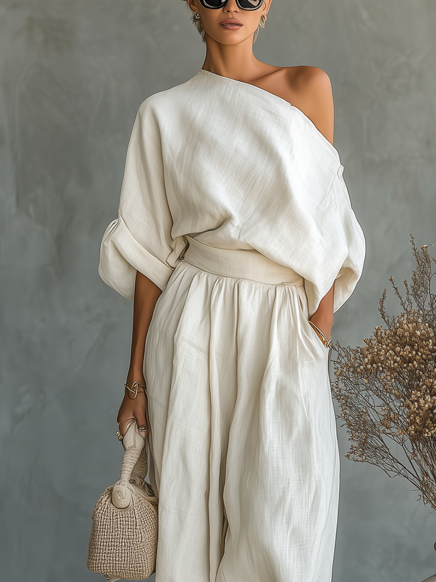 Luisa – conjunto de lino de blusa hombros descubiertos y pantalón