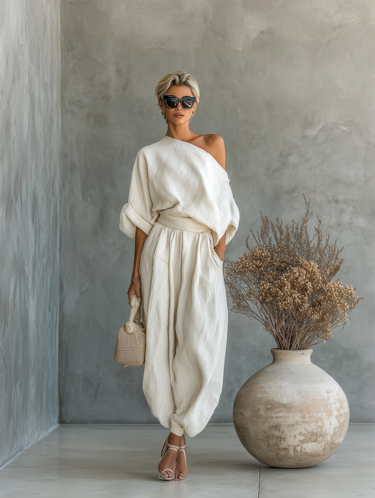 Luisa – conjunto de lino de blusa hombros descubiertos y pantalón