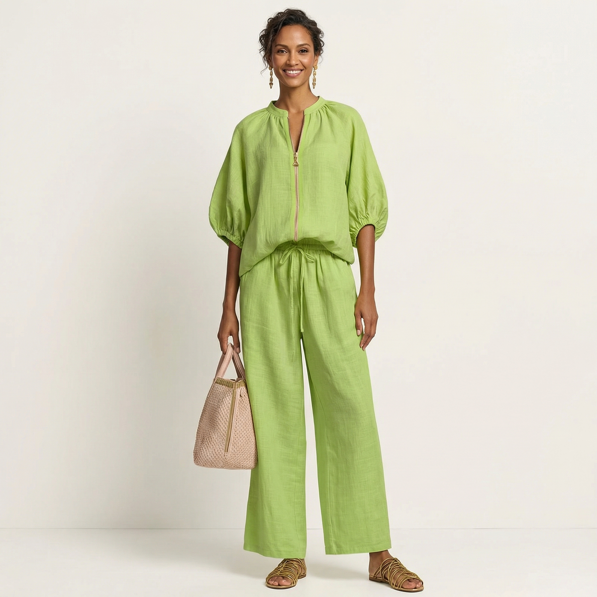 Mercedes – conjunto de blusa con cremallera y manga abullonada