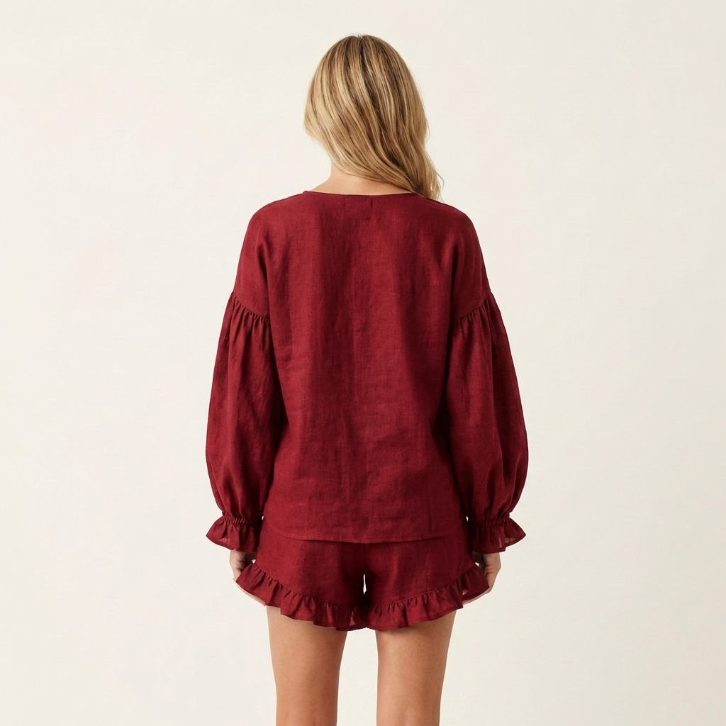 Maite – conjunto de blusa con manga farol y short con volantes