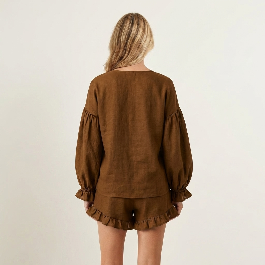 Maite – conjunto de blusa con manga farol y short con volantes