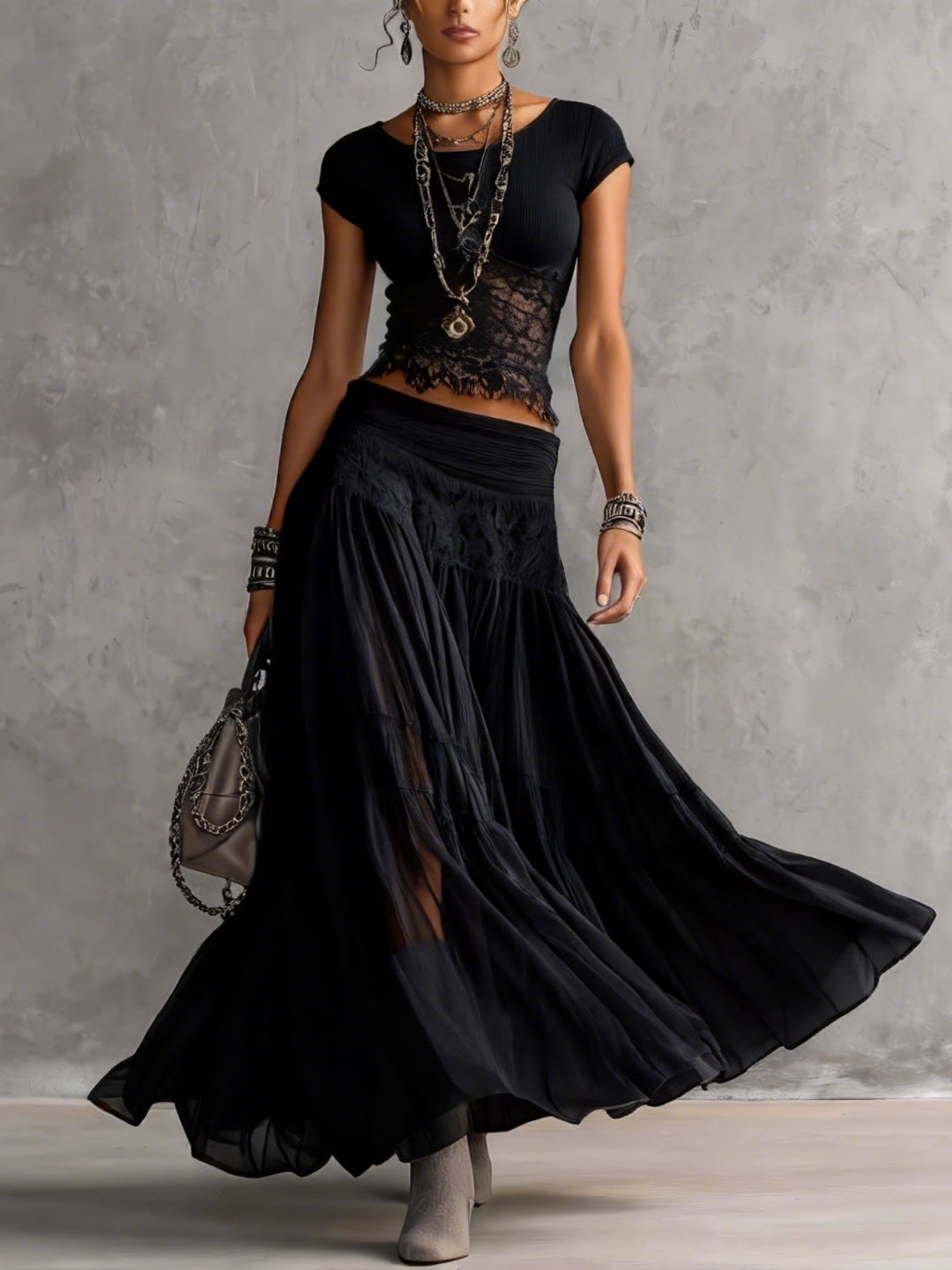Lourdes – conjunto de top con encaje y falda larga plisada