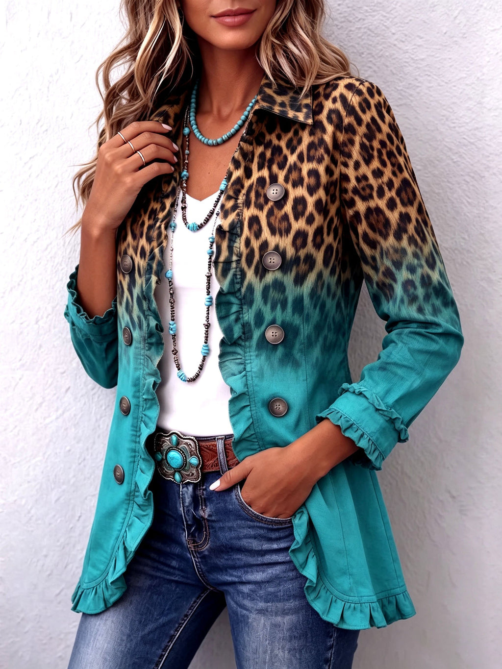 Elsa – chaqueta blazer degradada de leopardo con volantes