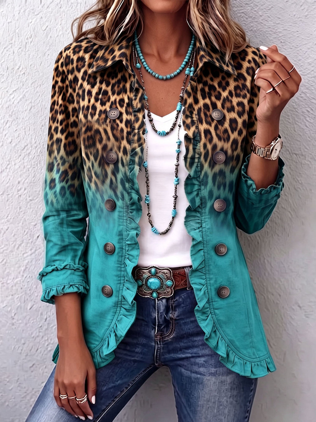 Elsa – chaqueta blazer degradada de leopardo con volantes